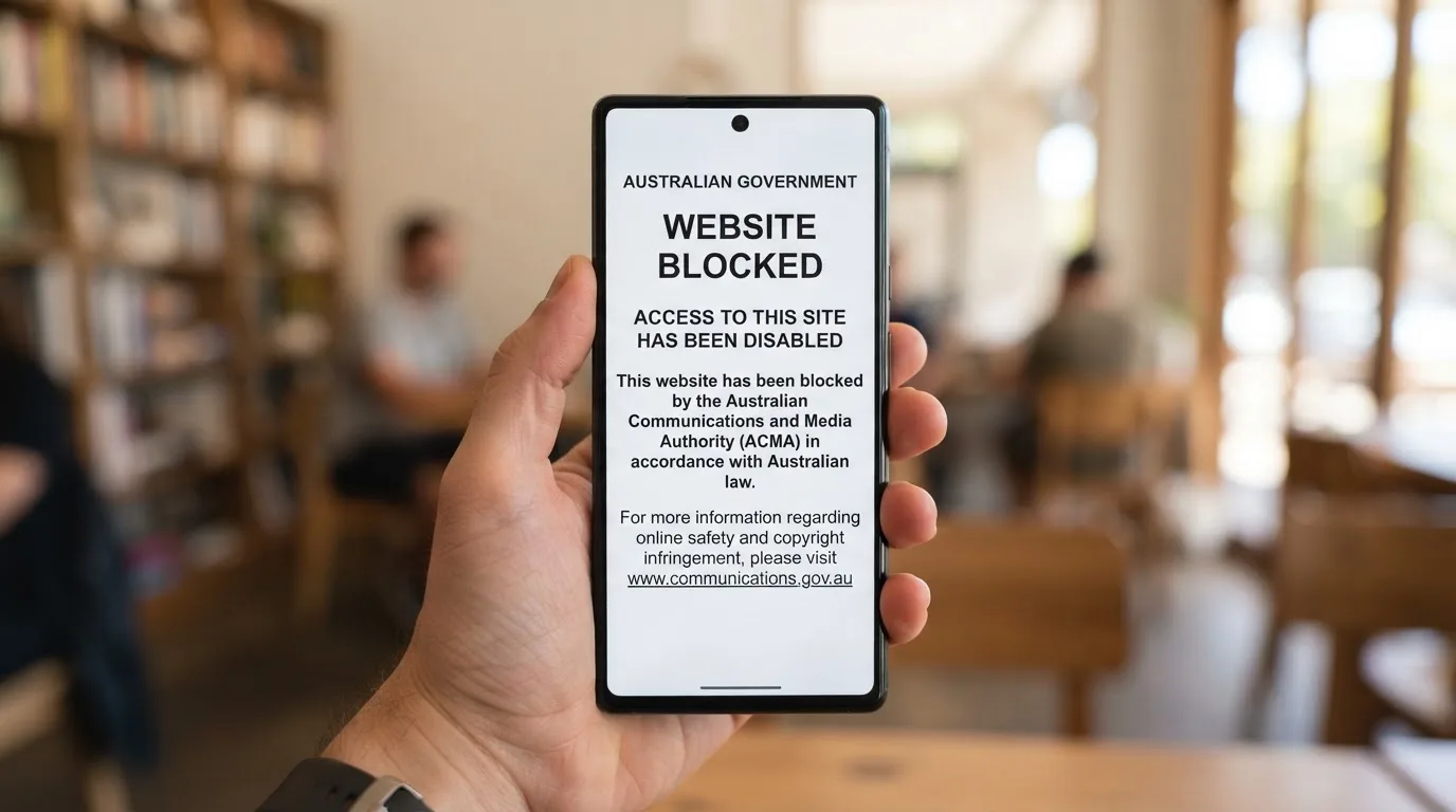 A smartphone screen showing a plain government warning notice about a blocked website, held against a blurred background.
