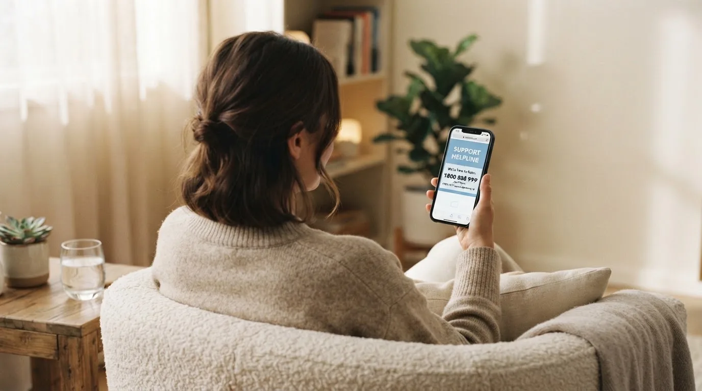 A person sitting calmly with a phone open to a support helpline page, no gaming screen visible.