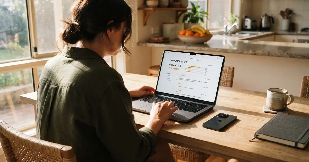 A person at a kitchen table scrolling through review pages on a laptop, phone face-down beside them.