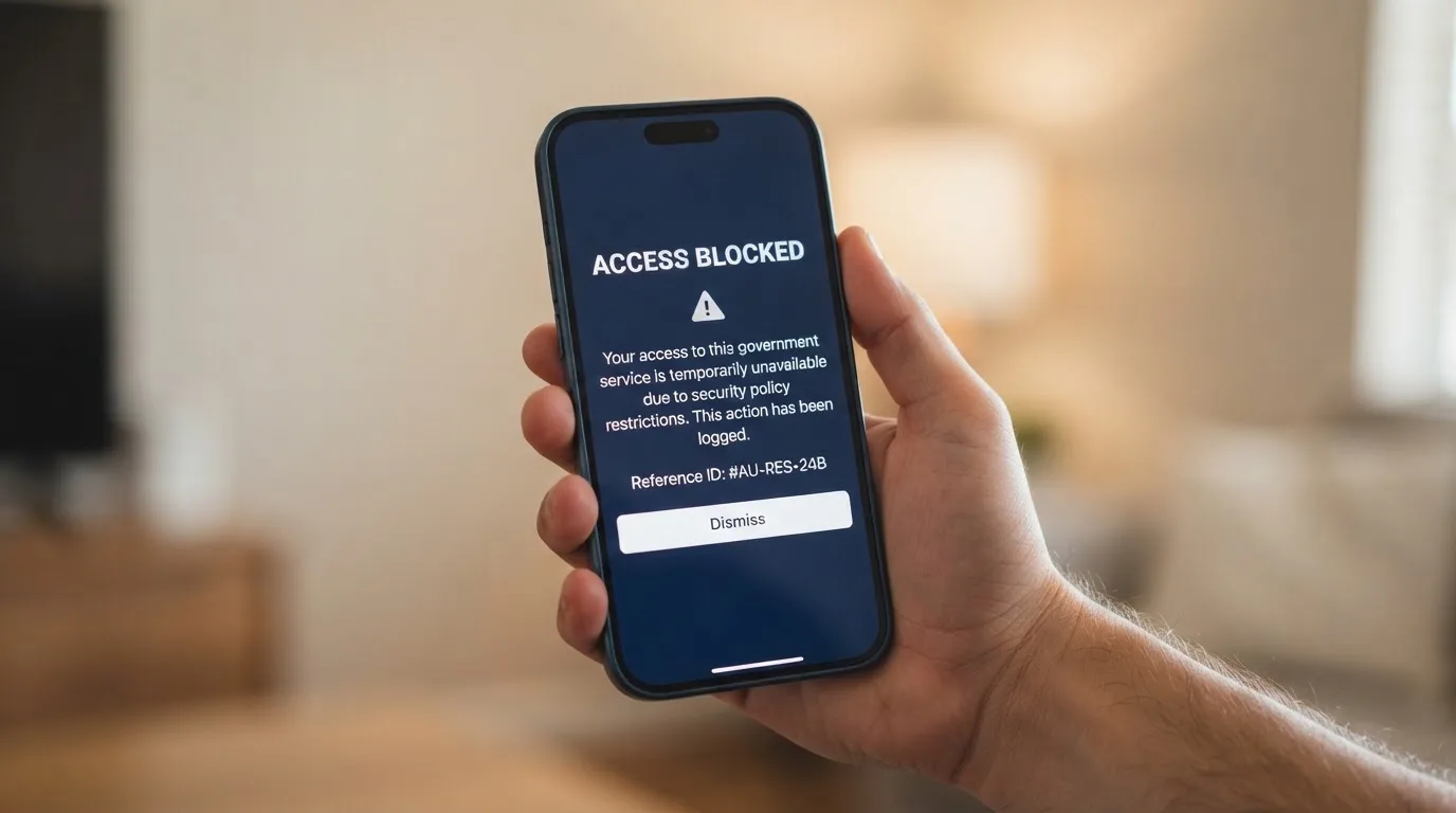 A smartphone screen showing a plain government warning notice about a blocked website, held against a blurred background.