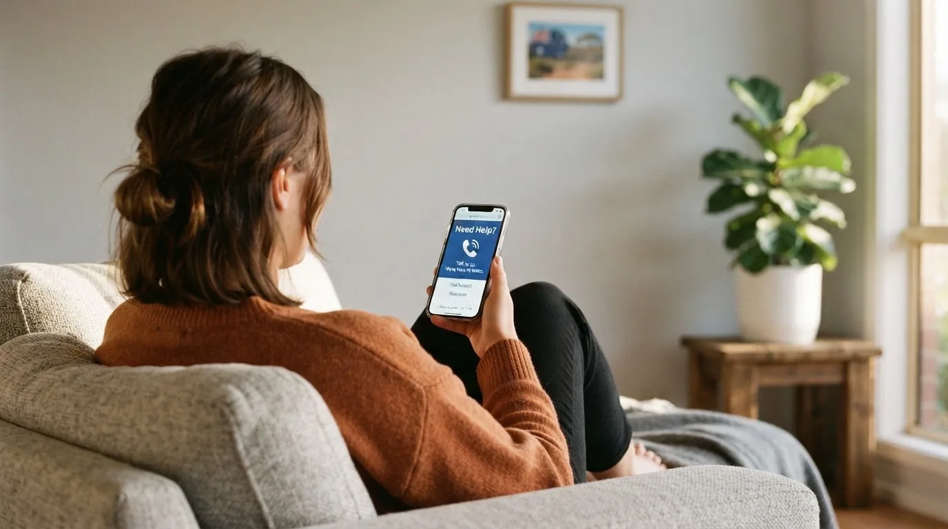 A person sitting calmly with a phone open to a support helpline page, no gaming screen visible.