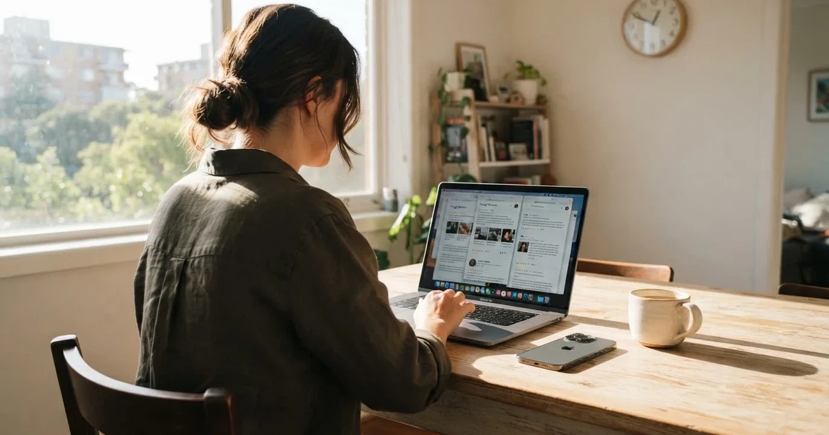 A person at a kitchen table scrolling through review pages on a laptop, phone face-down beside them.