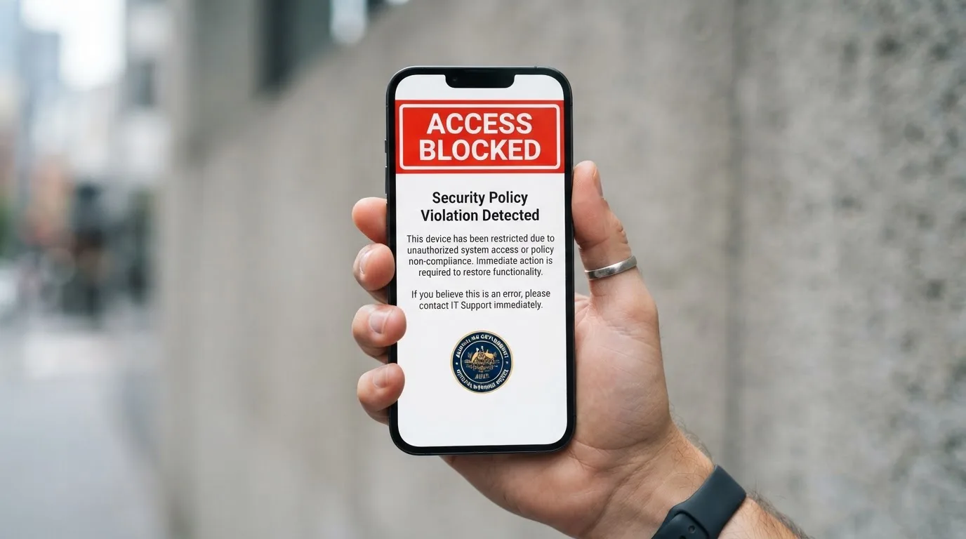 A smartphone screen showing a plain government warning notice about a blocked website, held against a blurred background.