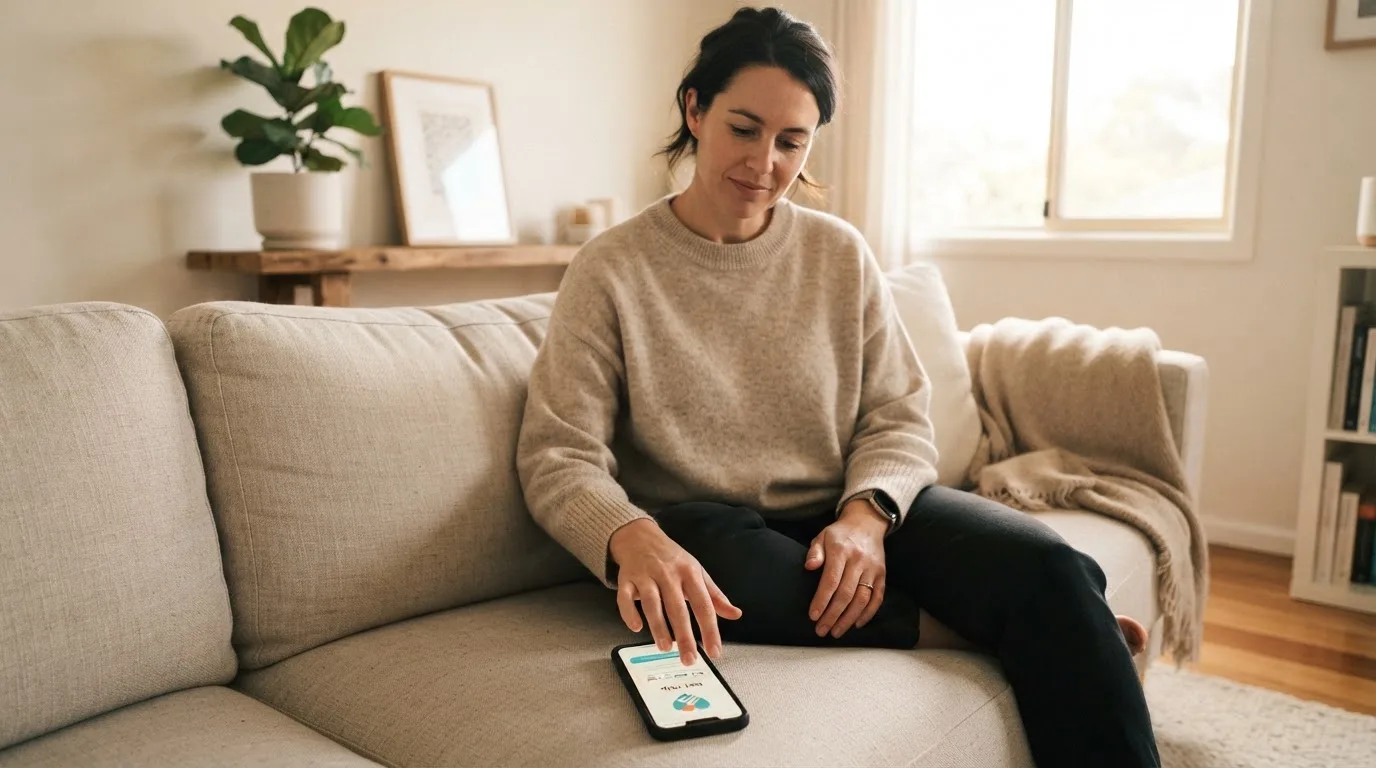 A person sitting calmly with a phone open to a support helpline page, no gaming screen visible.