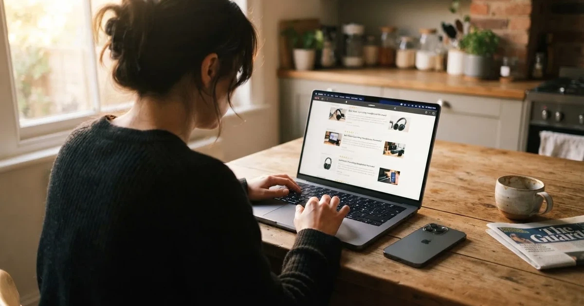 A person at a kitchen table scrolling through review pages on a laptop, phone face-down beside them.
