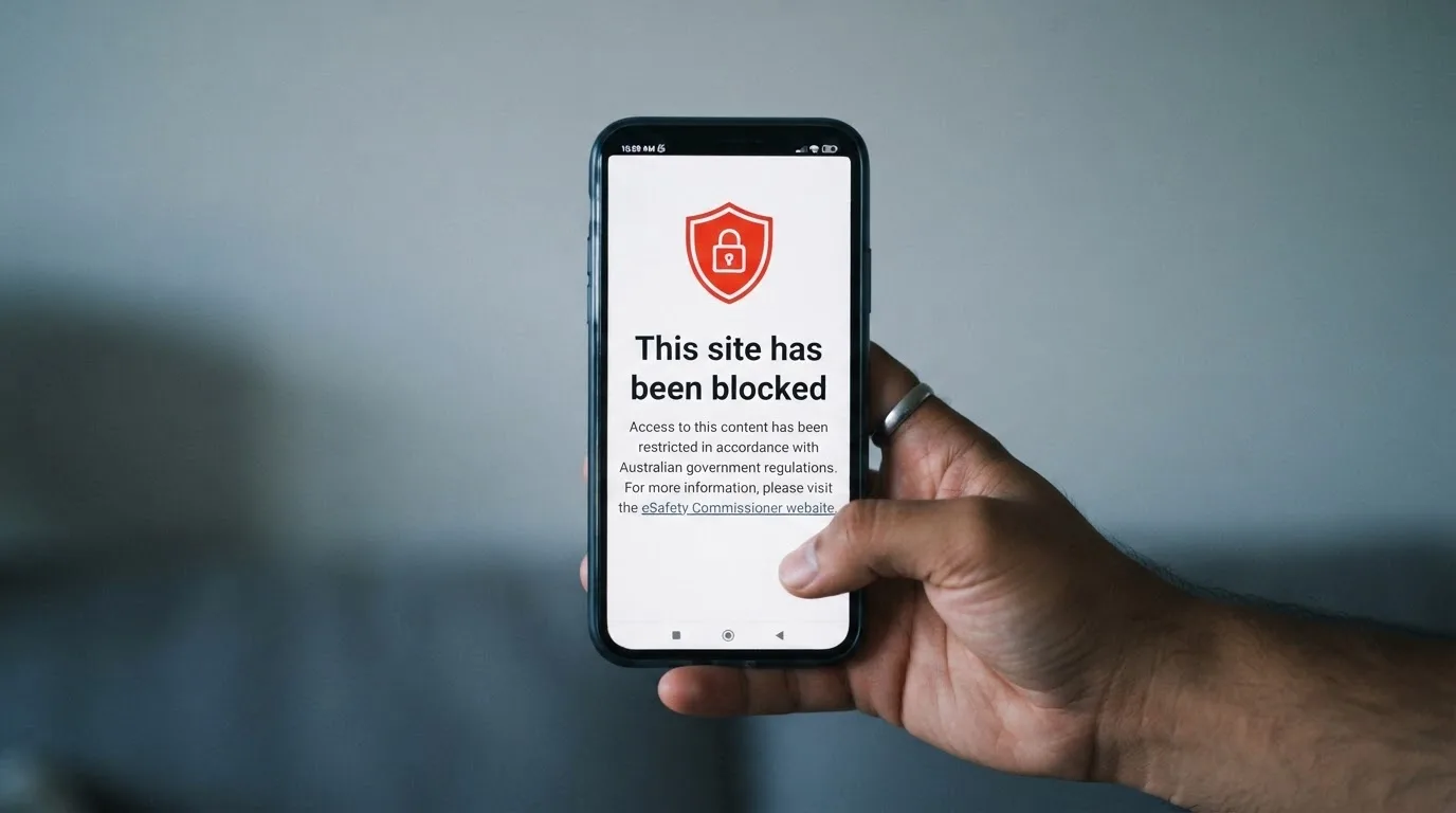 A smartphone screen showing a plain government warning notice about a blocked website, held against a blurred background.