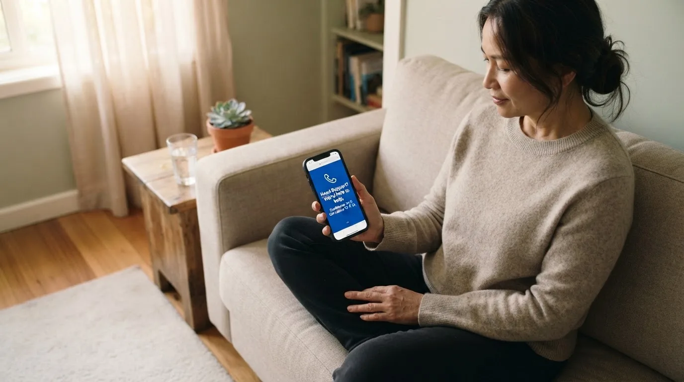 A person sitting calmly with a phone open to a support helpline page, no gaming screen visible.