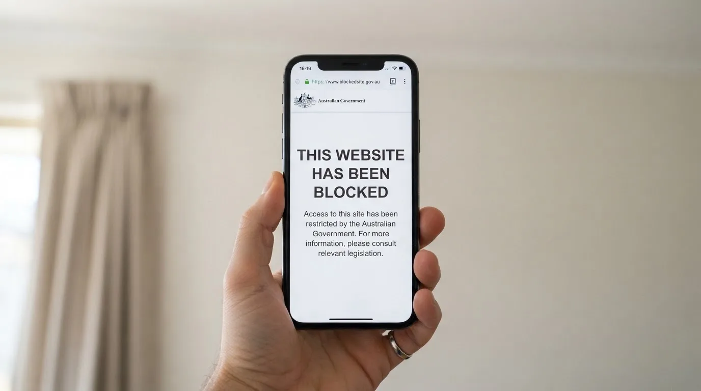 A smartphone screen showing a plain government warning notice about a blocked website, held against a blurred background.