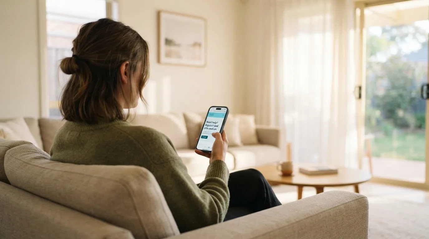 A person sitting calmly with a phone open to a support helpline page, no gaming screen visible.