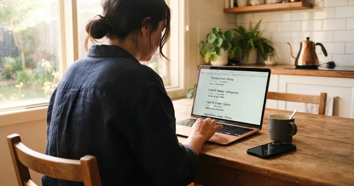 A person at a kitchen table scrolling through review pages on a laptop, phone face-down beside them.