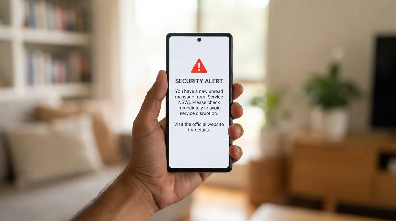 A smartphone screen showing a plain government warning notice about a blocked website, held against a blurred background.
