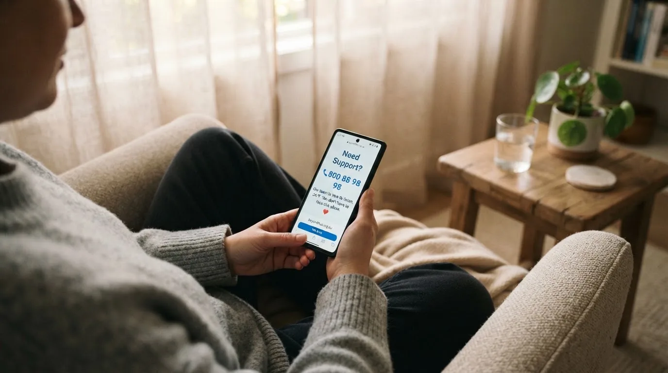 A person sitting calmly with a phone open to a support helpline page, no gaming screen visible.