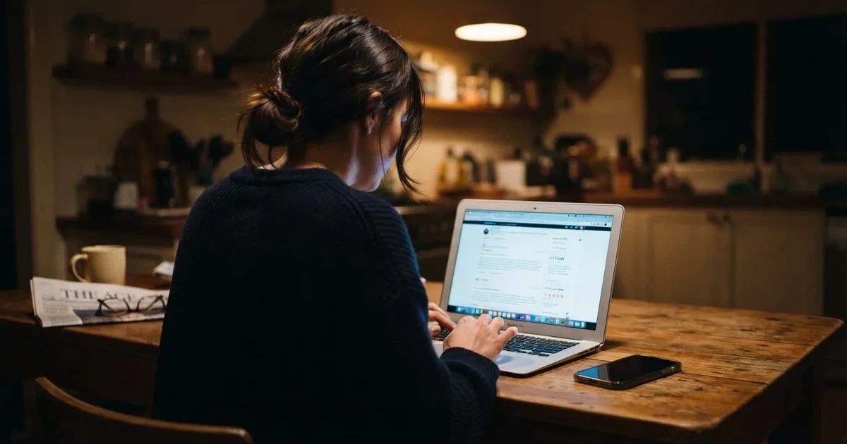A person at a kitchen table scrolling through review pages on a laptop, phone face-down beside them.
