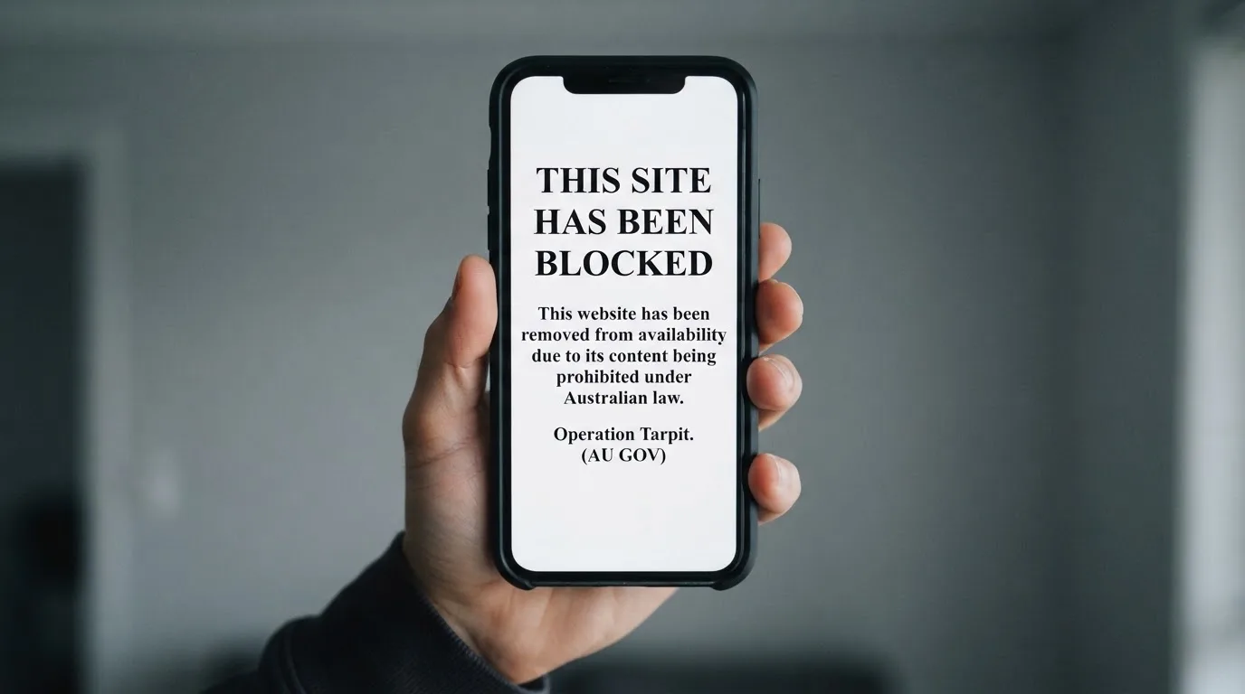 A smartphone screen showing a plain government warning notice about a blocked website, held against a blurred background.