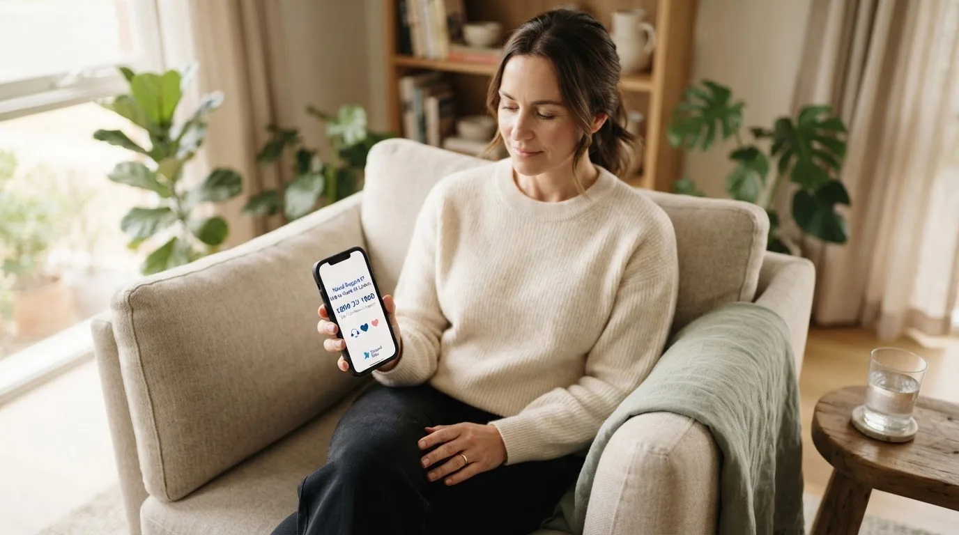 A person sitting calmly with a phone open to a support helpline page, no gaming screen visible.