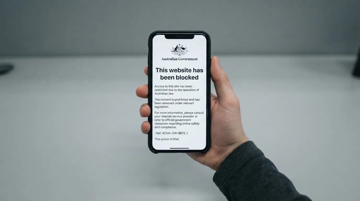 A smartphone screen showing a plain government warning notice about a blocked website, held against a blurred background.