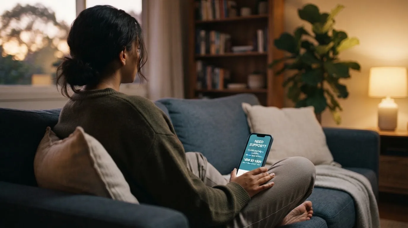 A person sitting calmly with a phone open to a support helpline page, no gaming screen visible.