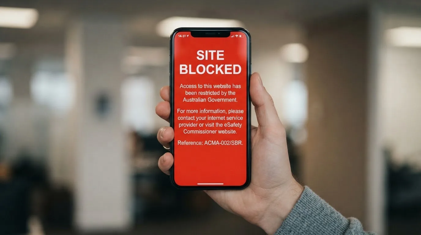 A smartphone screen showing a plain government warning notice about a blocked website, held against a blurred background.