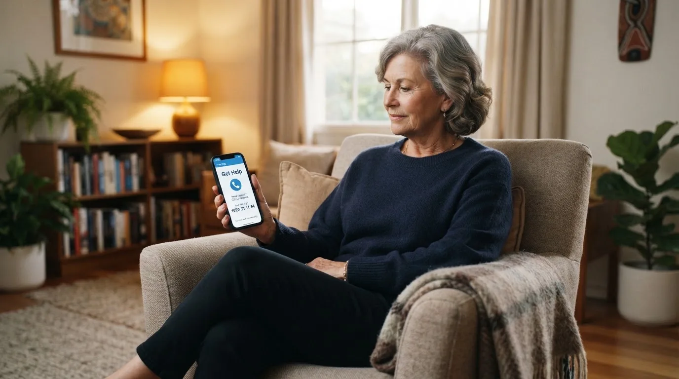 A person sitting calmly with a phone open to a support helpline page, no gaming screen visible.
