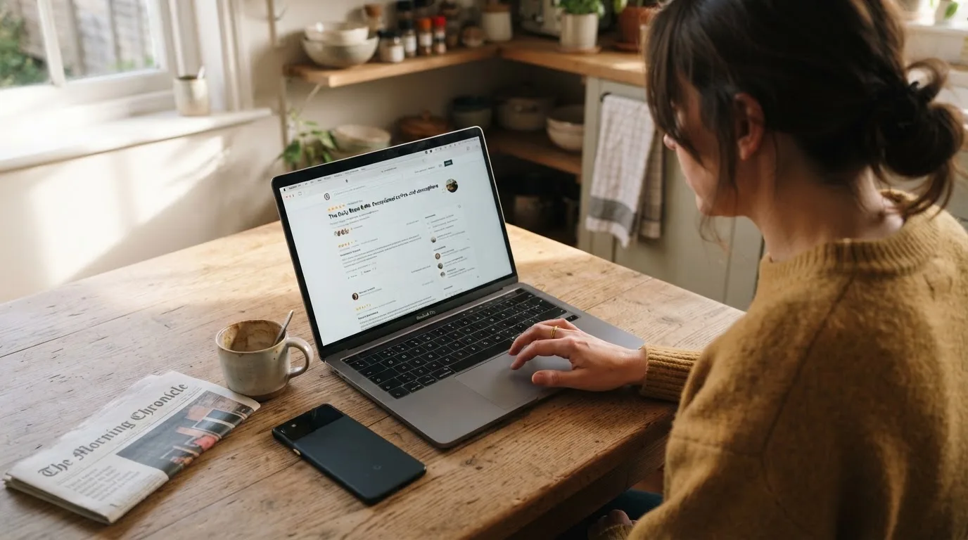 A person at a kitchen table scrolling through review pages on a laptop, phone face-down beside them.