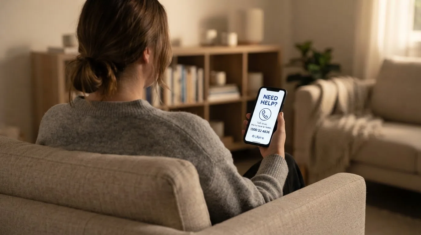 A person sitting calmly with a phone open to a support helpline page, no gaming screen visible.