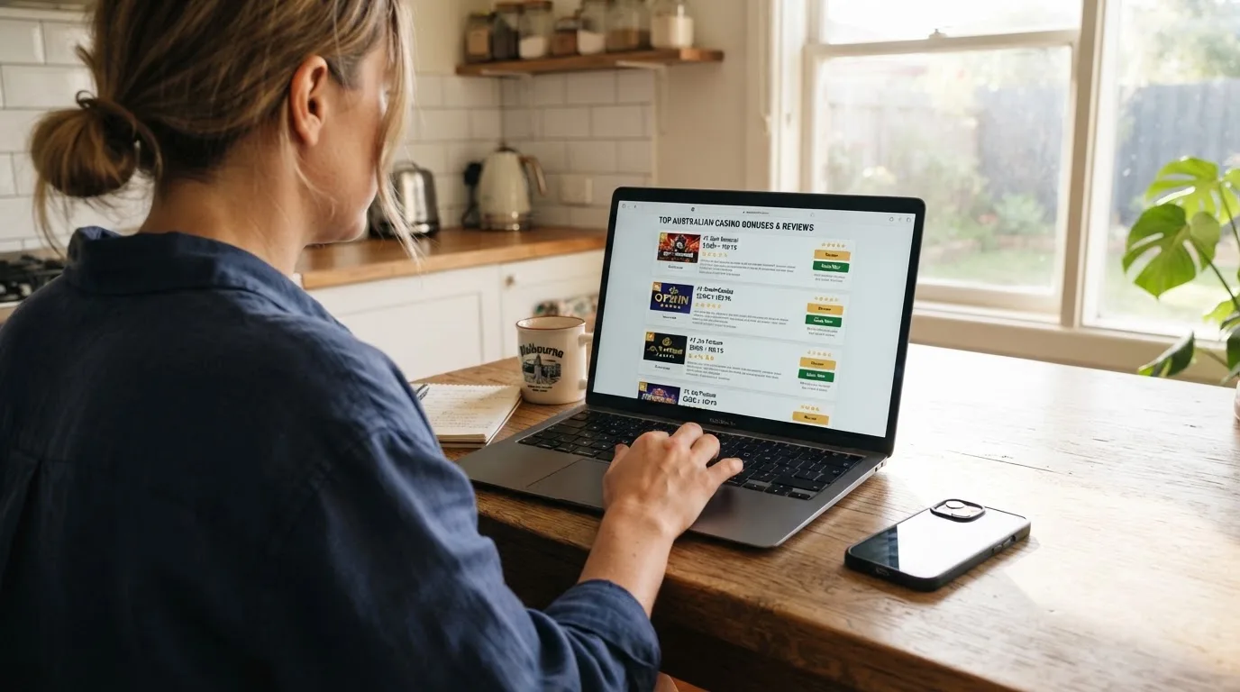 A person at a kitchen table scrolling through review pages on a laptop, phone face-down beside them.