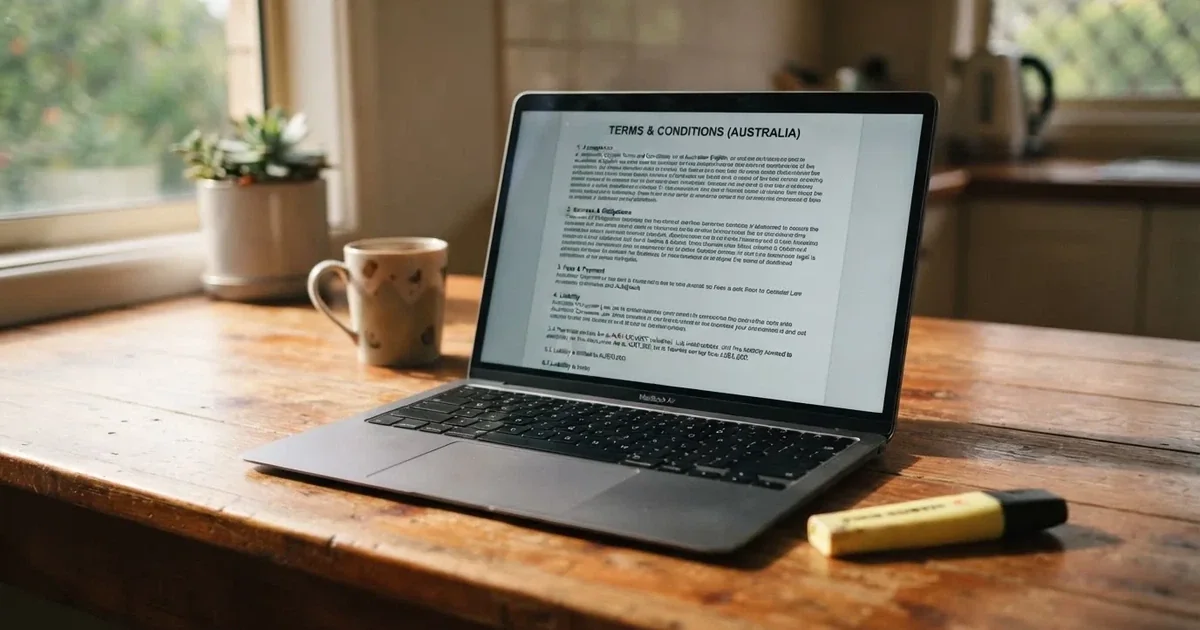 A laptop screen showing a page of terms and conditions text with a highlighter resting nearby.