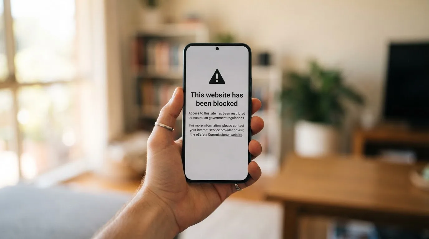 A smartphone screen showing a plain government warning notice about a blocked website, held against a blurred background.