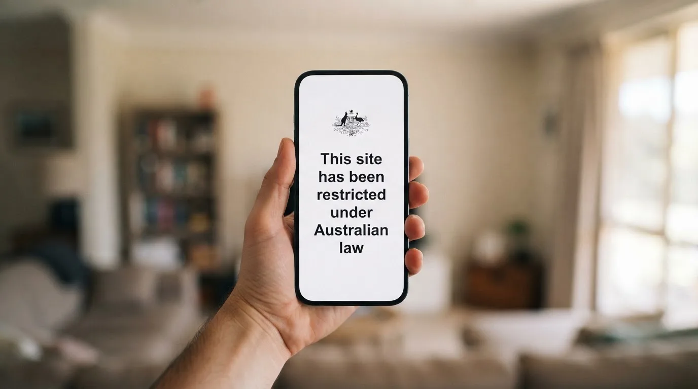 A smartphone screen showing a plain government warning notice about a blocked website, held against a blurred background.