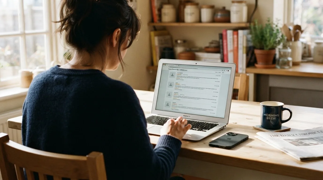 A person at a kitchen table scrolling through review pages on a laptop, phone face-down beside them.