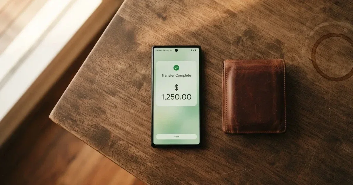A phone screen showing a bank transfer confirmation, held next to a wallet on a table.