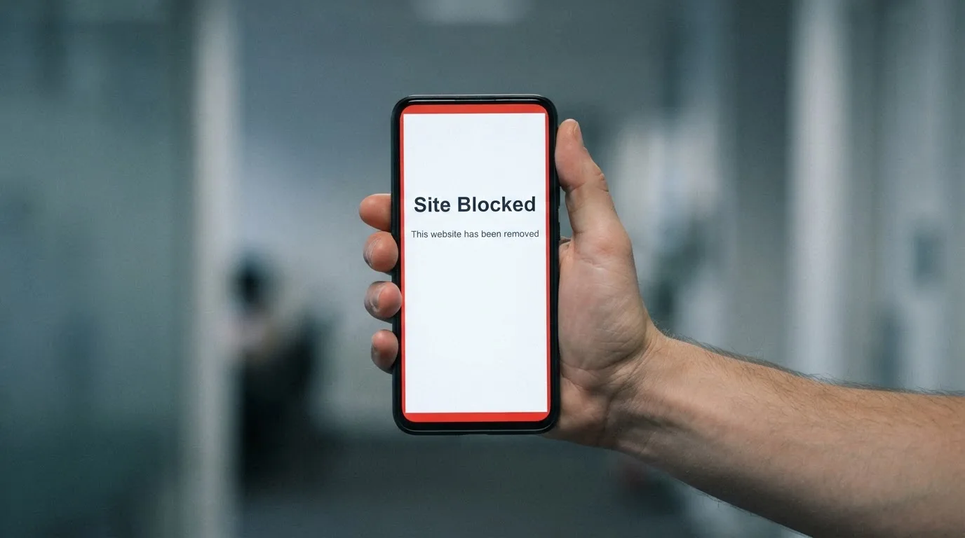 A smartphone screen showing a plain government warning notice about a blocked website, held against a blurred background.