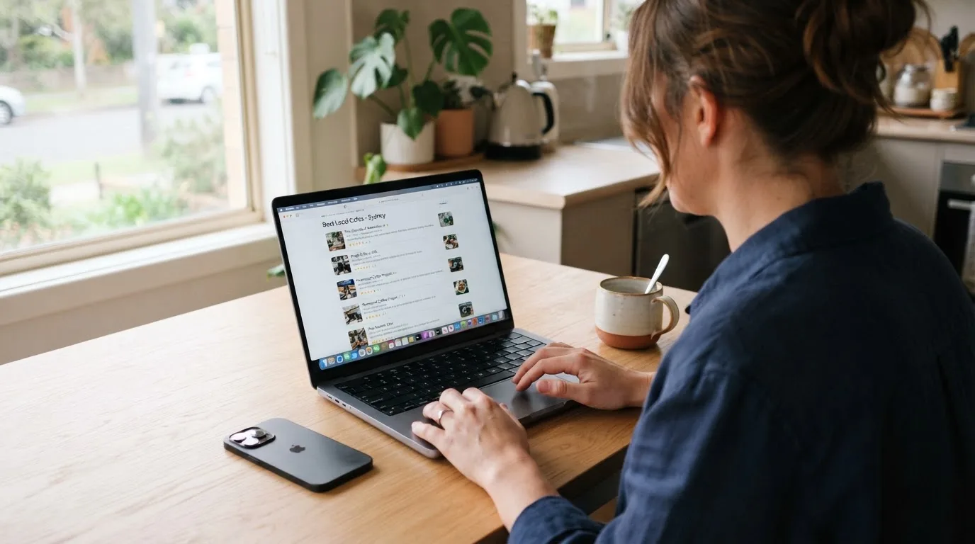 A person at a kitchen table scrolling through review pages on a laptop, phone face-down beside them.