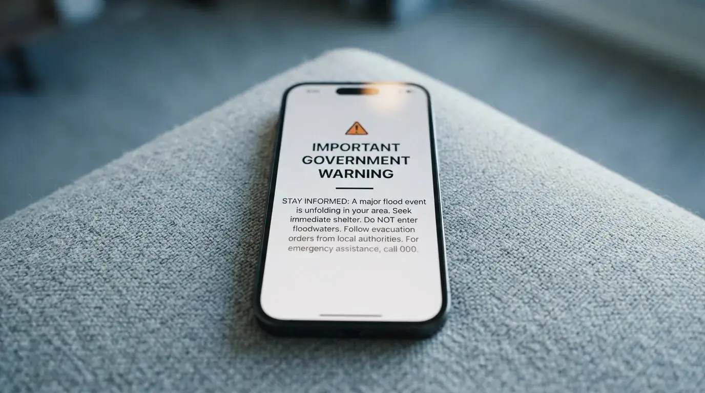 A smartphone screen showing a plain government warning notice about a blocked website, held against a blurred background.