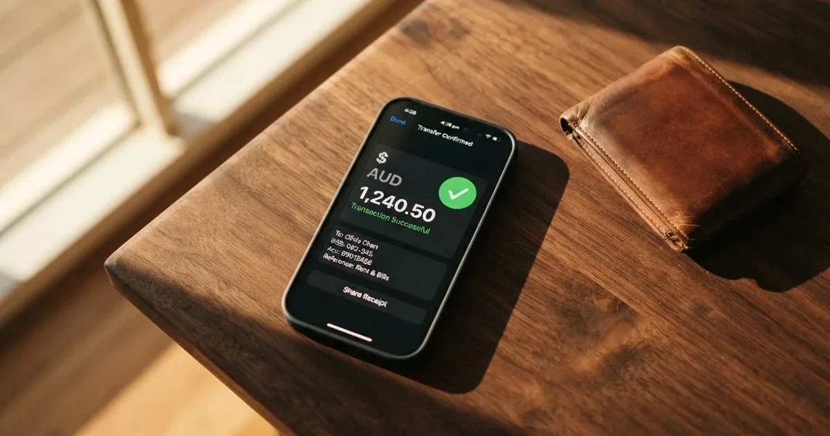 A phone screen showing a bank transfer confirmation, held next to a wallet on a table.
