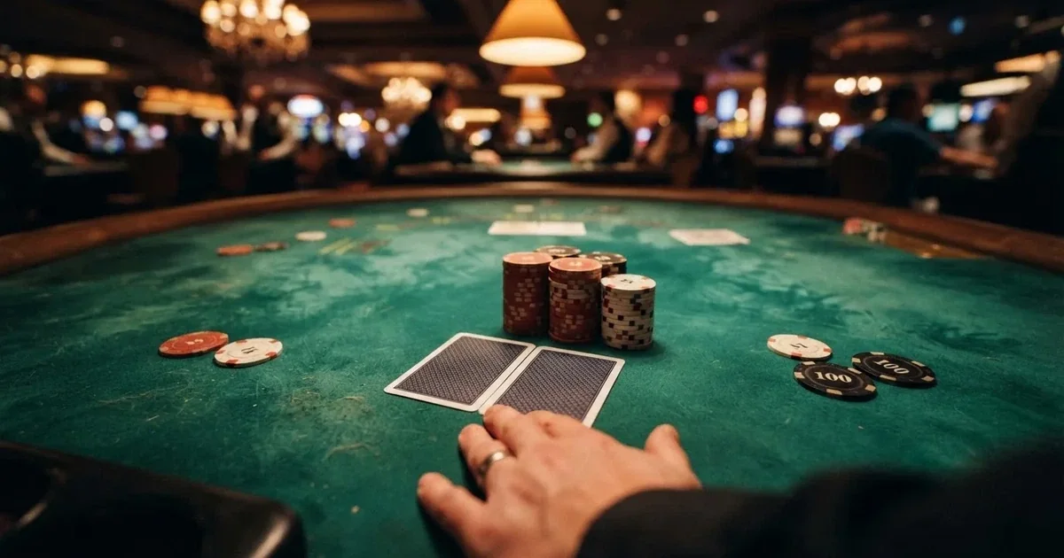 A close-up of a green felt gaming table with cards and chips mid-hand.