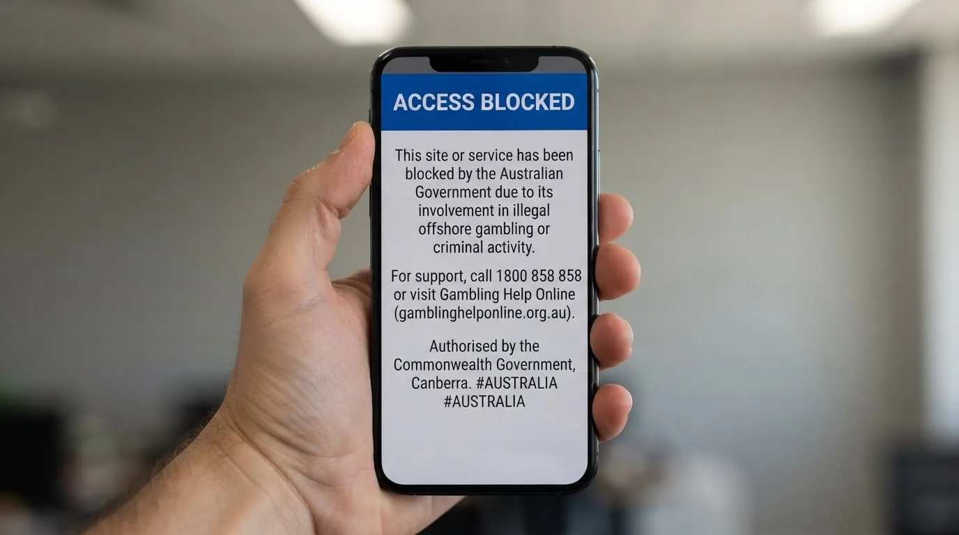 A smartphone screen showing a plain government warning notice about a blocked website, held against a blurred background.