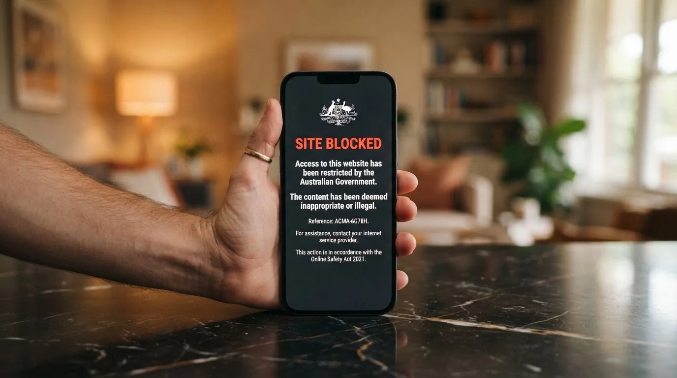 A smartphone screen showing a plain government warning notice about a blocked website, held against a blurred background.