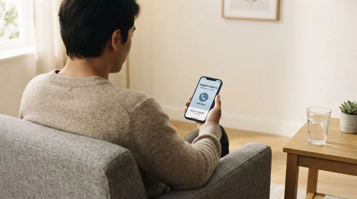 A person sitting calmly with a phone open to a support helpline page, no gaming screen visible.