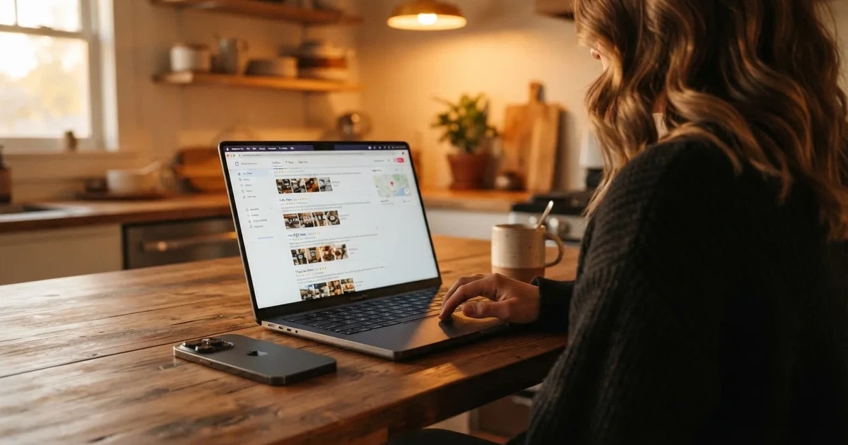 A person at a kitchen table scrolling through review pages on a laptop, phone face-down beside them.