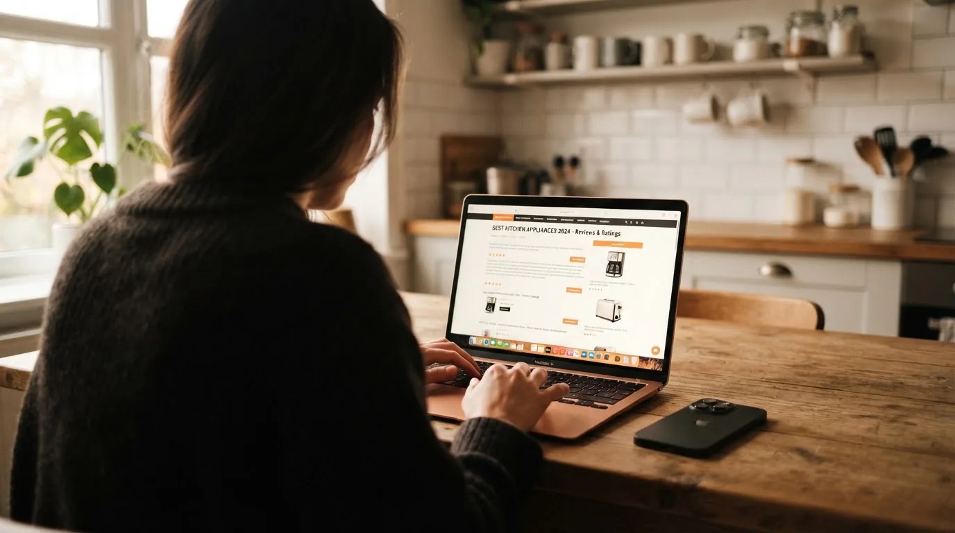 A person at a kitchen table scrolling through review pages on a laptop, phone face-down beside them.