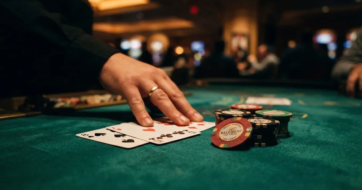 A close-up of a green felt gaming table with cards and chips mid-hand.