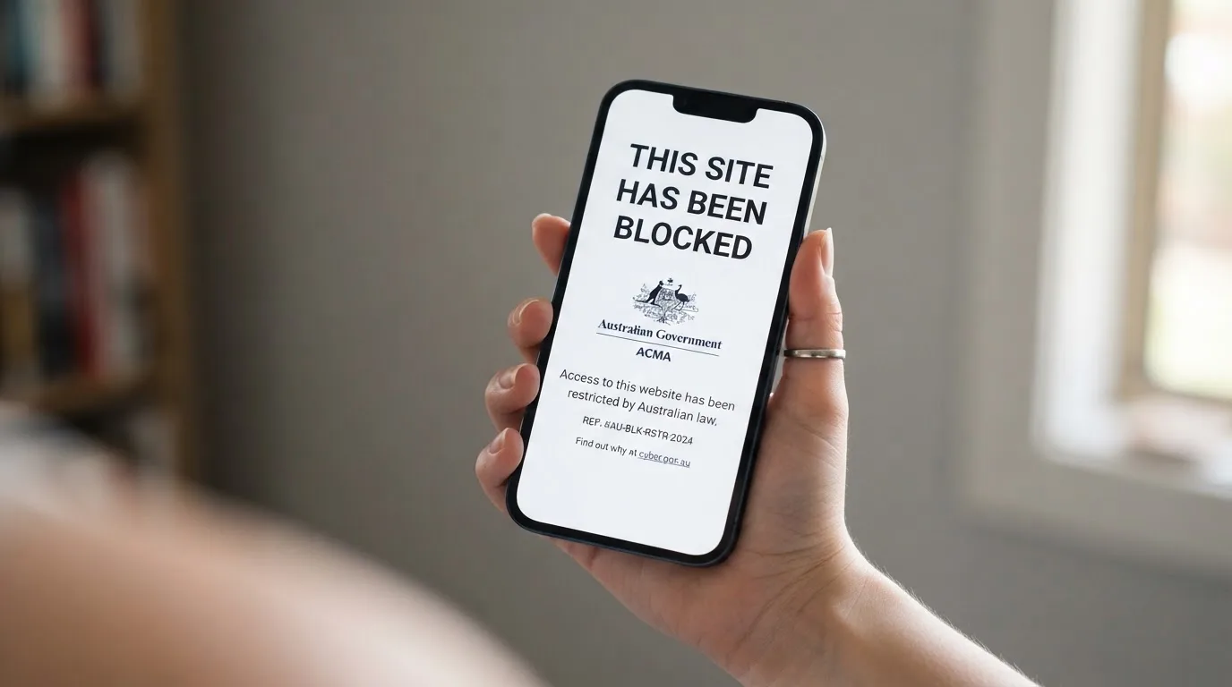 A smartphone screen showing a plain government warning notice about a blocked website, held against a blurred background.