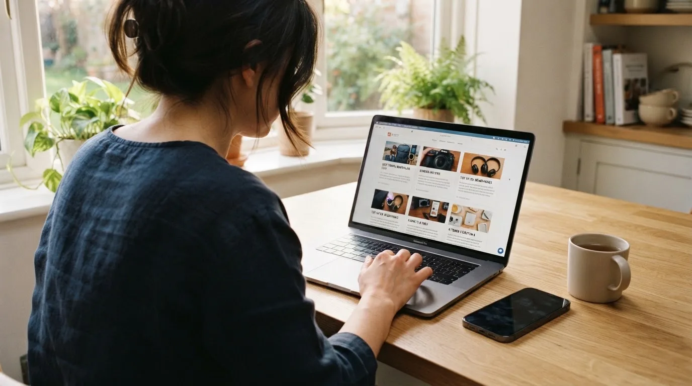 A person at a kitchen table scrolling through review pages on a laptop, phone face-down beside them.