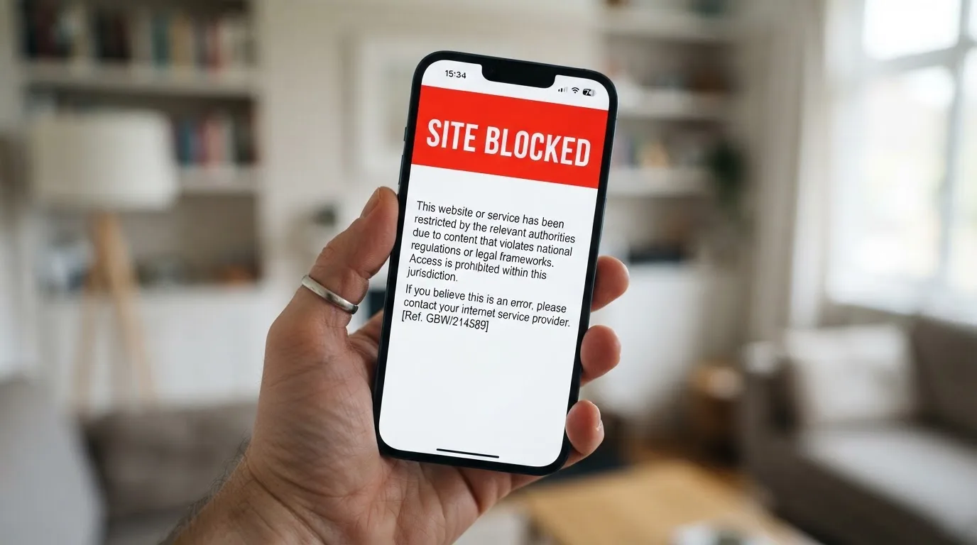 A smartphone screen showing a plain government warning notice about a blocked website, held against a blurred background.
