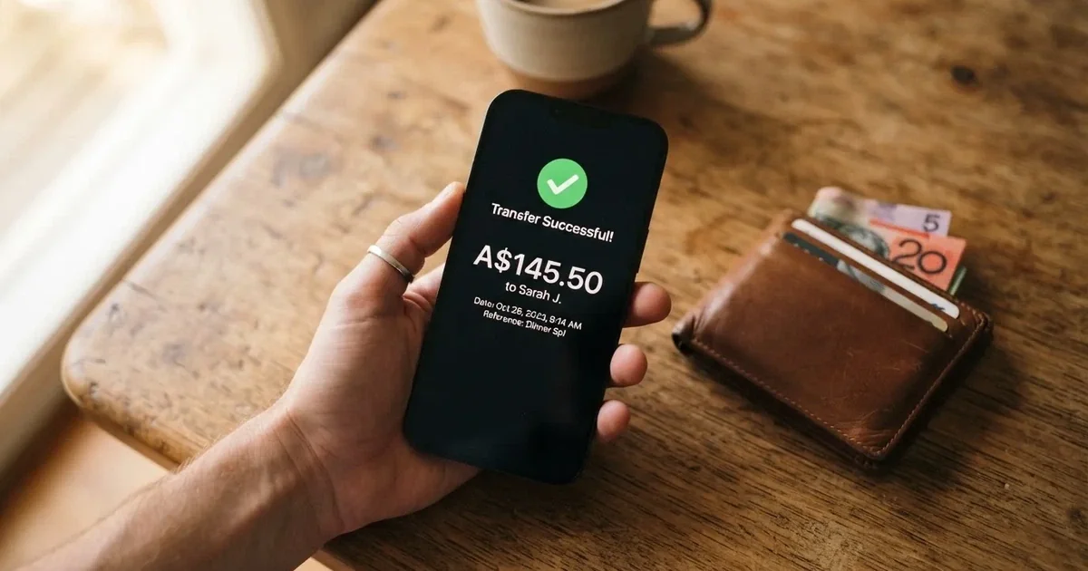 A phone screen showing a bank transfer confirmation, held next to a wallet on a table.