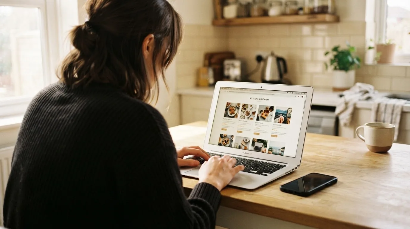 A person at a kitchen table scrolling through review pages on a laptop, phone face-down beside them.