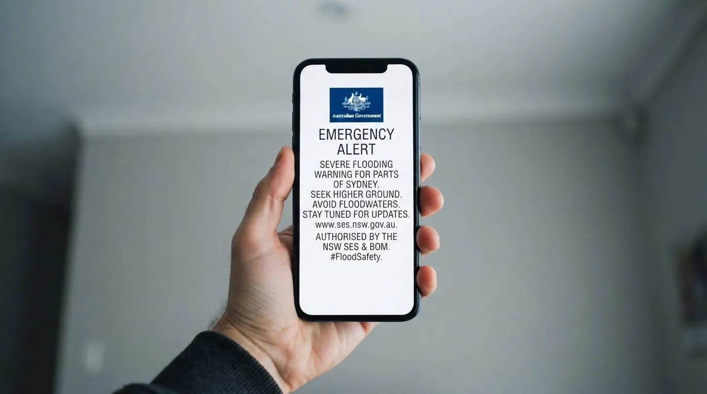 A smartphone screen showing a plain government warning notice about a blocked website, held against a blurred background.