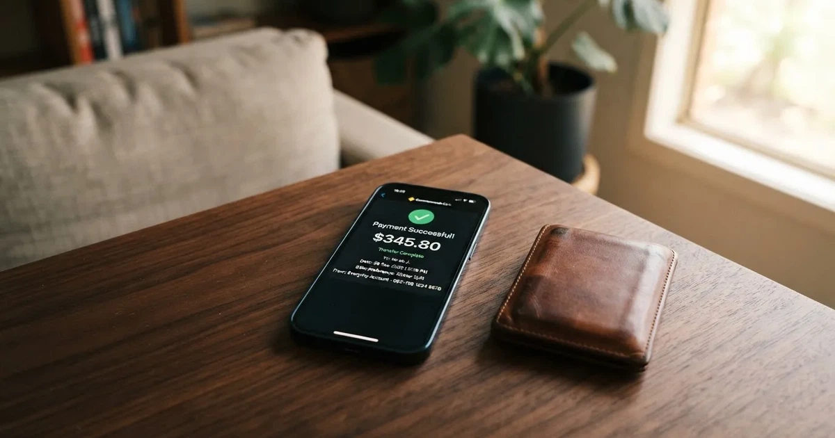 A phone screen showing a bank transfer confirmation, held next to a wallet on a table.