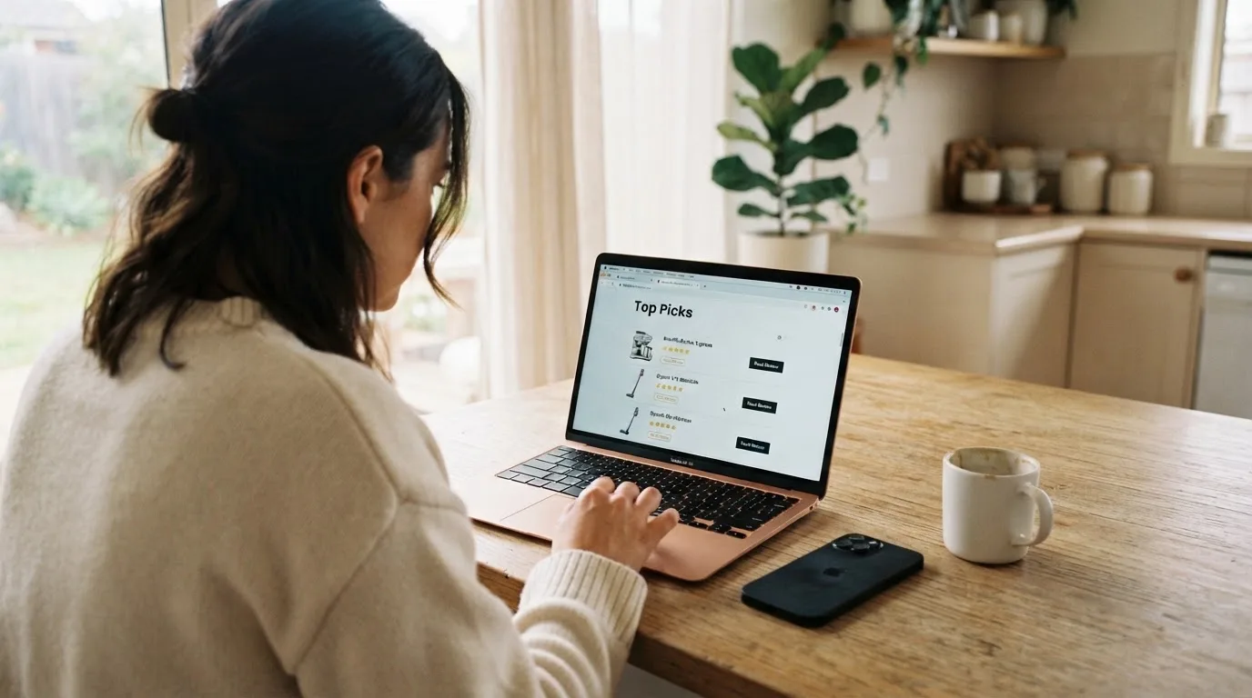 A person at a kitchen table scrolling through review pages on a laptop, phone face-down beside them.